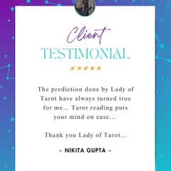 "Tarot reading puts your mind on ease." This is so true. Often, we just need confirmation of our own intuition, and the cards provide that gentle nudge. I am happy my predictions have been accurate and helpful.