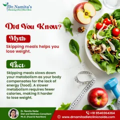 Let's clear up a big myth. Many people think skipping meals will help them lose weight, but *aisa nahi hai*. In fact, it slows down your metabolism because your body starts conserving energy. I always teach my clients to fuel their bodies with balanced meals to support their metabolism, not fight against it.