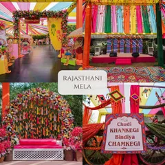 A vibrant "Rajasthani Mela" theme, bursting with color, traditional textiles, puppets, and floral arrangements, creating a festive and cultural experience.