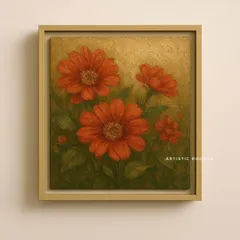 This painting of red-orange flowers uses texture to make the petals and leaves feel tangible. The warm, earthy tones make it a cozy addition to any room.
