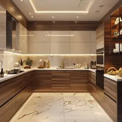 A spacious U-shaped kitchen designed with warm wood-grain cabinets and a white marble floor. The layout provides ample counter space for meal preparation, and under-cabinet lighting ensures the work surfaces are well-lit.