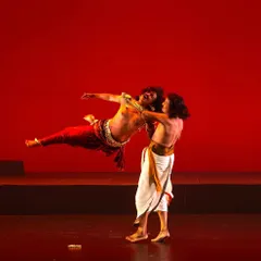 My choreography often includes highly athletic and dramatic sequences. This action shot captures a dynamic lift, showcasing the strength and skill of the male dancers in our ensemble during a powerful theatrical performance.