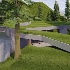 This visualization showcases a green roof that merges seamlessly with the hillside. This technique is not just for sustainability; it allows the building to almost disappear into the terrain, preserving the natural beauty of the site.