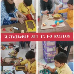 Sustainable art is my passion. Here, you can see me helping a young artist create a beautiful frame using upcycled materials during our Janmashtami workshop.