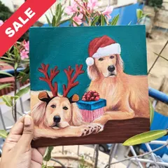 A festive original painting of two Golden Retrievers ready for Christmas. This piece is perfect for adding holiday cheer to your home.