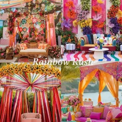A collage showcasing our 'Rainbow Rush' theme. This theme is all about vibrant colors, perfect for a fun and high-energy Mehendi or carnival event.