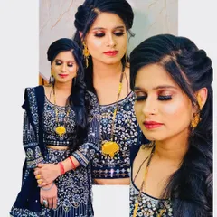 This collage shows a client ready for a party in a dark blue embellished outfit. I created a classic look with a smoky eye and a bold red lip.