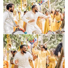 The groom's energetic dance during the Haldi ceremony celebrations. This collage captures the music, movement, and festive atmosphere of the event.