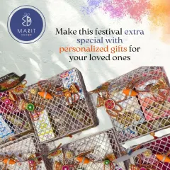 Make this festival extra special with personalized gifts for your loved ones. These handcrafted wire baskets are filled with colorful surprises for a memorable Holi.