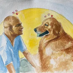 Some commissions are pure joy, like this watercolor painting of a man and his best friend. The unconditional love between a person and their pet is a beautiful thing to capture, and I aimed to bring that warmth and affection to life in this piece.