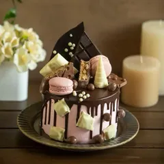 For the ultimate chocolate lover's birthday, our overloaded drip cake is a dream come true. It's piled high with chocolate bars, macarons, and white chocolate chunks.