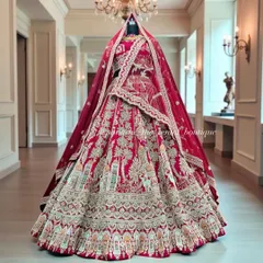 For the bride who dreams of a grand fairytale entrance, I crafted this magnificent red bridal lehenga. The intricate embroidery tells a story of palaces and processions, creating a look of unparalleled regality. Every detail is designed to make you feel like royalty on your wedding day.