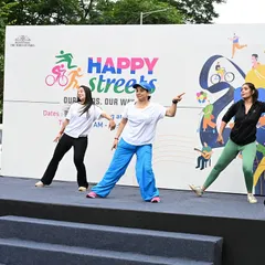 Leading a group of dancers on the main stage at Happy Streets. I choreograph and coordinate performances that are energetic and suitable for a diverse public audience.