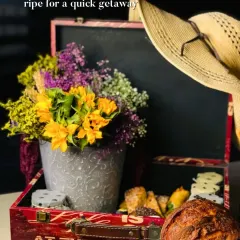 This is what a perfect getaway looks like. I curated this vintage-style picnic basket with fresh sourdough, artisanal savories, and a bouquet of flowers, turning a simple outing into a memorable affair.