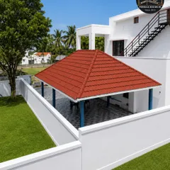 This freestanding gazebo with a classic red tiled roof offers a spacious and sheltered area in the backyard. It's an ideal structure for outdoor dining, family gatherings, or simply enjoying the garden in comfort.