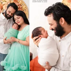 A diptych showing a family portrait on one side and a father smiling at his newborn on the other. This style allows us to tell a bigger story, showcasing both the family unit and the individual, tender moments within it.