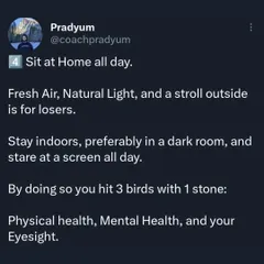 A sarcastic guide on how to stay unfit. If you want to ensure your health deteriorates, just play the blame game, increase your stress, and sit at home all day staring at a screen. This is my reverse-psychology take on the common habits that hold people back.