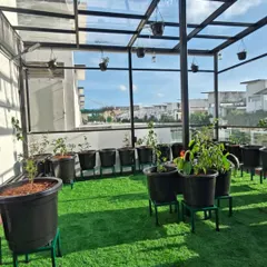 This is a complete terrace transformation, featuring a high-quality artificial grass turf that stays green year-round without watering. The custom-built pergola with a transparent roof and hanging planters creates a semi-enclosed greenhouse, perfect for enjoying the outdoors in any weather.