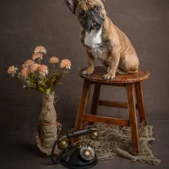 A call from the past for this handsome French Bulldog. Posed on a wooden stool next to a vintage telephone and dried flowers, this setup creates a nostalgic and story-driven pet photograph.