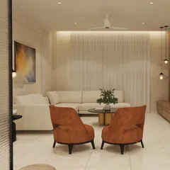 Another view of "The Beige House" living room, focusing on the L-shaped sofa and the soft, indirect lighting. The design uses a combination of recessed lights and sheer curtains to create a cozy and inviting ambiance.