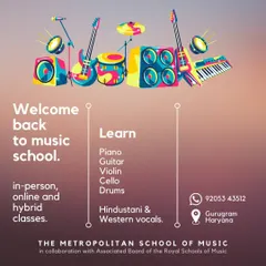 Our music school is open for in-person, online, and hybrid classes. This graphic details the range of instruments and vocal training we offer, including both Hindustani and Western styles.