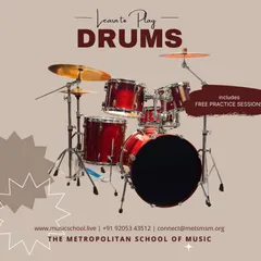 This image showcases a full drum kit, ready for a lesson. We offer free practice sessions for our drum students, providing the necessary equipment and space to hone their skills.