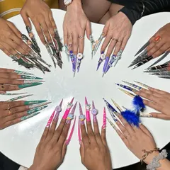 This is what our community of artists creates. This image shows a variety of advanced nail extension styles made by my talented students, showcasing everything from intricate patterns to bold 3D designs. You will learn how to create stunning, portfolio-worthy nail art just like this.