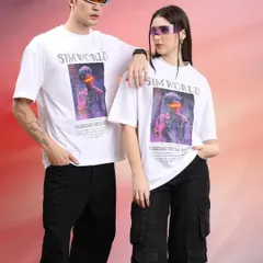 This shot shows another colorway from the Metaverse collection. I styled the white graphic tees with black cargo pants and bottoms, maintaining the cyberpunk aesthetic while showcasing product variety.