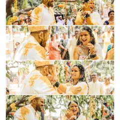 A collage of candid moments from the Haldi ceremony. It shows the couple's playful interactions as they apply turmeric paste to each other, surrounded by laughing family.