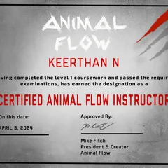 We're proud to announce our trainer Keerthan is now a Certified Animal Flow Instructor. Our team is always leveling up their skills to bring you the best.