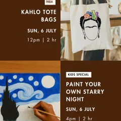 Our master artist series is a favorite at the studio. This workshop announcement features the 'Paint Your Own Starry Night' session, showing the inspiration behind our popular at-home DIY painting kit.