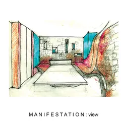 A "manifestation view" sketch, capturing the initial feeling and spatial quality of a room before it is fully defined.