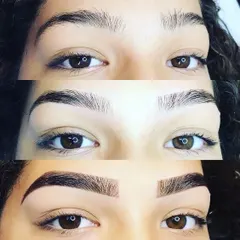 This front-on view clearly shows the dramatic yet natural transformation possible with microblading. From sparse and undefined to full and perfectly shaped, this treatment makes a huge difference.