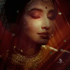 A serene bridal portrait using shadow and light to highlight the traditional 'chandan' designs on the bride's face. The soft focus and warm tones create a dreamy, intimate mood perfect for a bridal story.