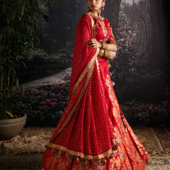 This resplendent red lehenga is a celebration of bridal grandeur. Adorned with glimmering Swarovski crystals, delicate 3D accents, and intricate thread embroidery, it is designed for the bride who desires to make a magnificent statement.