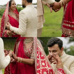 A collage of tender moments from a Hindu wedding ceremony. It captures the gentle holding of hands, a loving glance, and the groom's sweet kiss to his bride's hand.