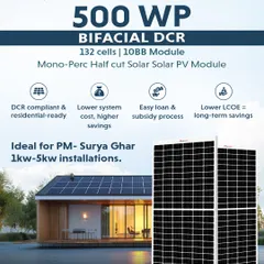 The 500 WP Bifacial DCR module is designed for residential use, especially for 1kW to 5kW installations under the PM-Surya Ghar scheme. Its DCR compliance simplifies the loan and subsidy process, offering homeowners a path to lower system costs and long-term savings.