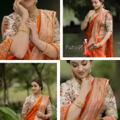 A collage showcasing the elegance of our orange Navwari saree. Worn by a model, you can see how the custom floral blouse and the saree's drape create a look of effortless grace, perfect for any festive occasion.