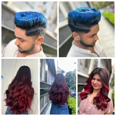 A collage showcasing the versatility of our hair coloring courses. From bold blue fashion color on men's hair to deep red and burgundy shades for women, our students learn to master a spectrum of colors.