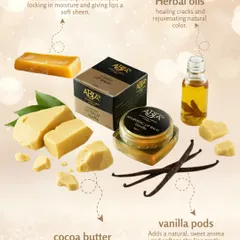 An infographic showing the natural ingredients in my lip balm: Beeswax for protection, Herbal oils for healing, Cocoa butter for moisture, and Vanilla pods for a natural aroma.