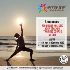 An announcement for our 200-hour residential YTTC in Goa, featuring a beautiful beach yoga silhouette against the sun.