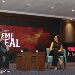 Moderating a panel is about creating a real conversation. Here I am, deep in discussion with actress Pragya Jaiswal at TEDx NM College, exploring ideas on creativity, cinema, and discipline.
