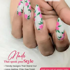 I treat every nail like a tiny canvas. This design features delicate pink roses hand-painted on long, white stiletto nail extensions, creating a fresh and romantic style that’s perfect for any special occasion.