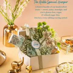 Gifting should feel as good as it tastes. This is my Rakhi Special Hamper, a festive bundle of handcrafted treats like Almond & Orange Tea Cake, Chocolate Hazelnut Makhanas, and our Celebration Box, all 100% vegan and gluten-free.
