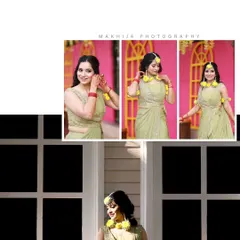 A series of portraits of the bride at her Haldi. This collage showcases her beautiful floral jewelry and her joyful expressions as she gets ready for the ceremony.