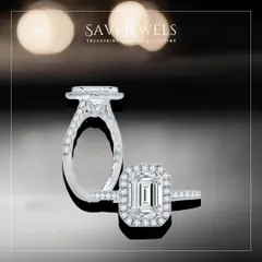For a love that is modern and bold, this emerald-cut solitaire engagement ring is framed by a halo of brilliant diamonds. It is a statement of sophisticated elegance and enduring style.