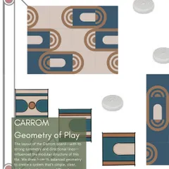 For the Carrom tile series, we focused on the geometry of play. The board's strong symmetry and directional lines influenced the modular structure of the tile, creating a system that is simple, clear, and easy to adapt across different surfaces.