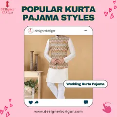 A popular choice for grooms and wedding guests, this wedding kurta pajama set features a stylish Nehru jacket with a chevron pattern over a simple white kurta.