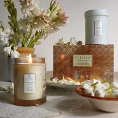 A classic choice for wedding favors, our Rajnigandha Blooms and Fresh Mogra candles are presented here as a duo gift set. The hand-poured coconut wax candles come in elegant jars that guests can repurpose long after the event.