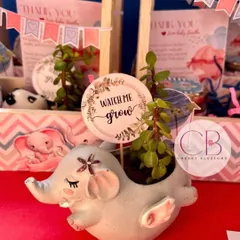 A close-up of the adorable elephant-shaped planter from our baby shower hamper. The "Watch Me Grow" tag adds a sweet, personal touch to this lasting gift.